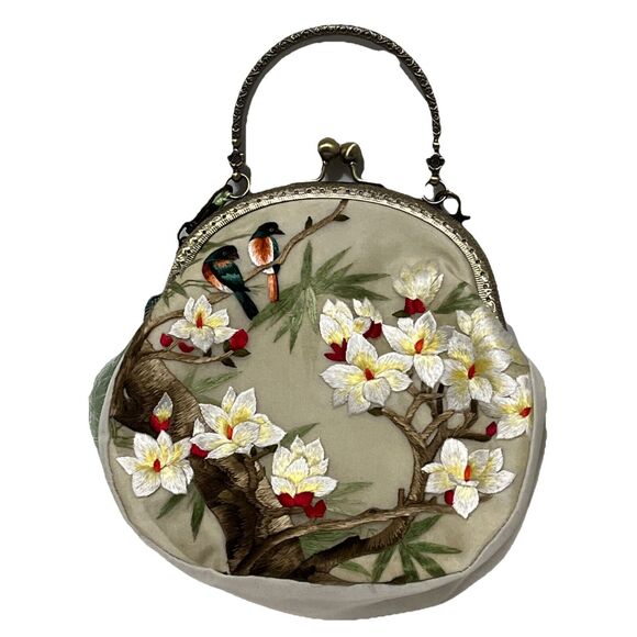 Stunning Vintage Silk Embroidered Clutch Crossbody Purse Birds Tree Flowers - Picture 1 of 4